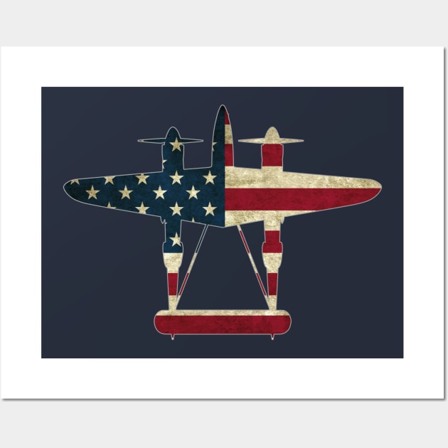 Retro USA Flag P-38 Lightning Aircraft Plane WW2 Fighter Warbird Pilot Gift Wall Art by stearman